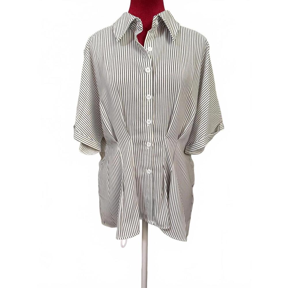 Women's Striped Button-Up Blouse with Elastic Waist, Size XL